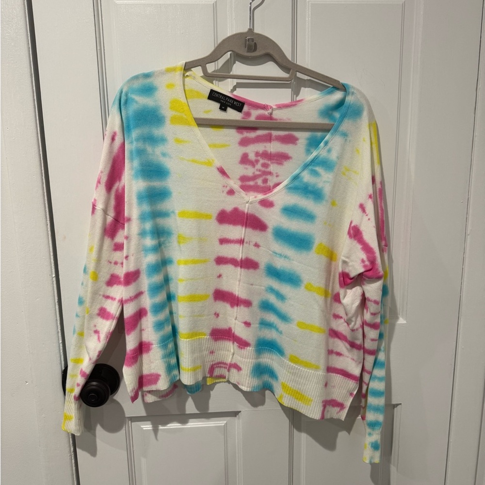 Central Park West White Tie-Dye V-Neck Sweater with Pink, Blue & Yellow.